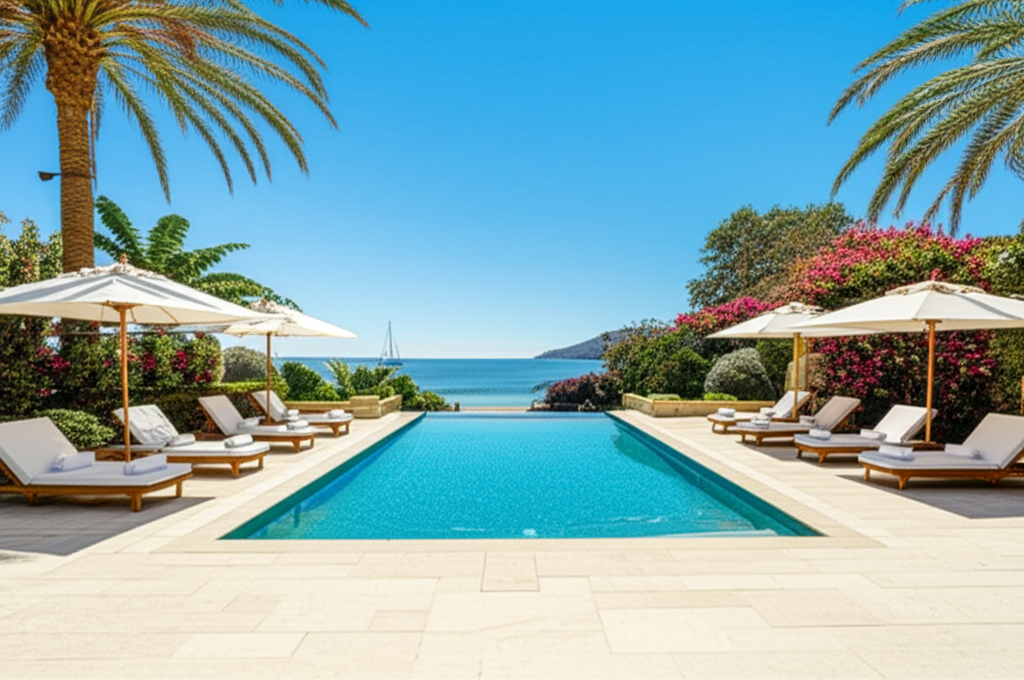 Custom designed swimming pool with stone features and landscaping