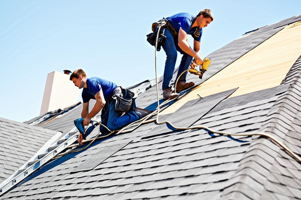 Professional roof replacement in progress on a residential home