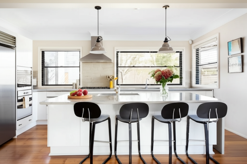 Modern kitchen remodel with white cabinets and center island